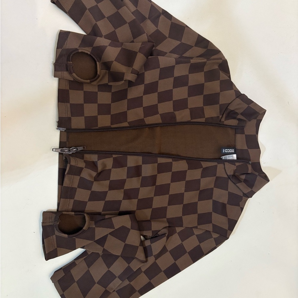 Divided Brown Plaid Zip Up Crop Top Long Sleeve